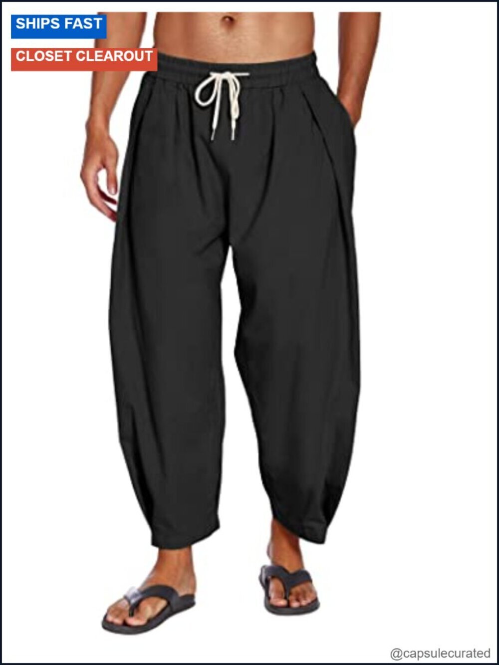 Cotton Linen Harem Pants Drawstring Casual Cropped Trousers